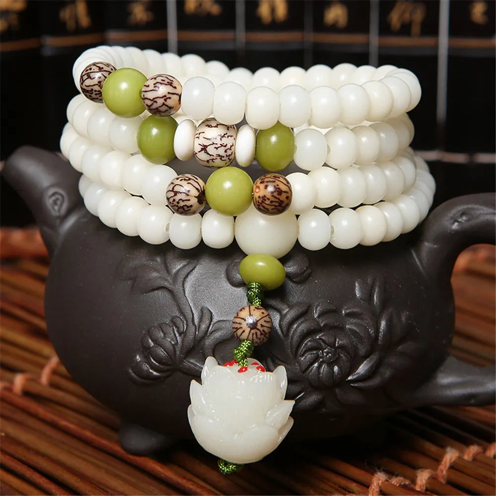 Mistgift 108 White Bodhi Beads with Lotus Pendant Mala Necklace