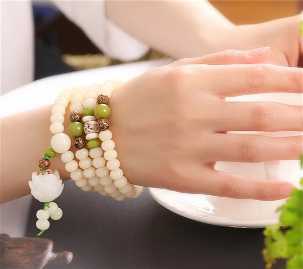 Mistgift 108 White Bodhi Beads with Lotus Pendant Mala Necklace