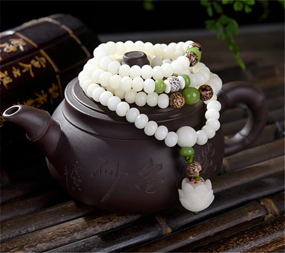 Mistgift 108 White Bodhi Beads with Lotus Pendant Mala Necklace