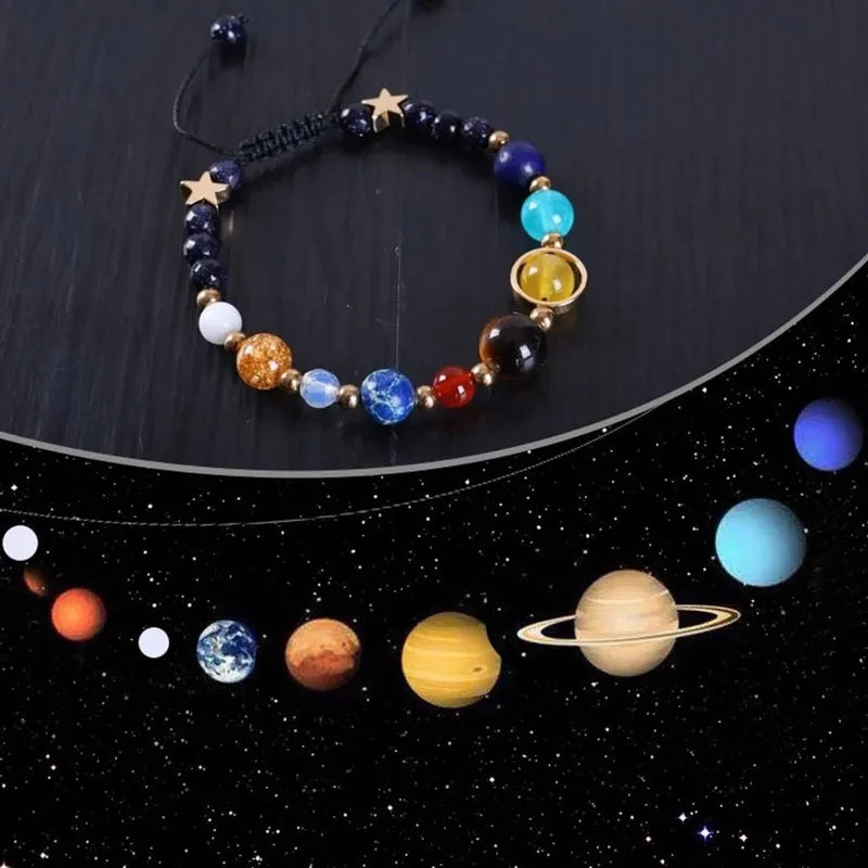 Mistgift Solar System Nine Planet Natural Stone Star Beads Adjustable Bracelet Bangle