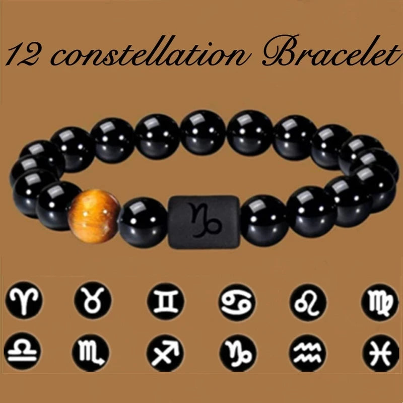 Mistgift 12 Constellation Zodiac Signs Natural Black Onyx Stone Beads Bracelets