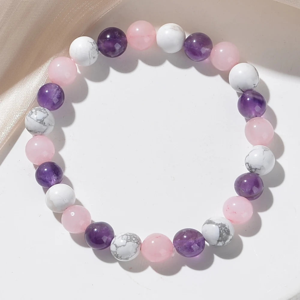 Mistgift 8mm Natural White Turquoise, Amethyst & Rose Quartz Beeds Bracelet Gift