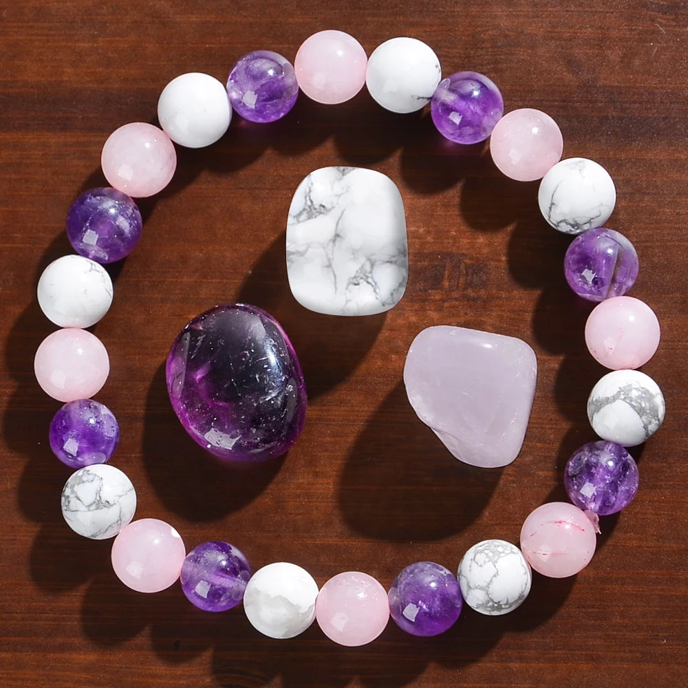Mistgift 8mm Natural White Turquoise, Amethyst & Rose Quartz Beeds Bracelet Gift