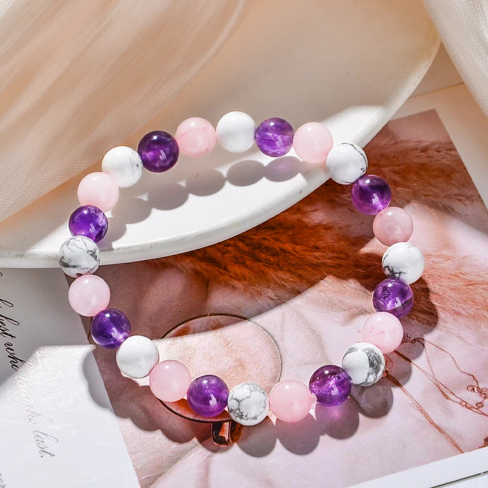 Mistgift 8mm Natural White Turquoise, Amethyst & Rose Quartz Beeds Bracelet Gift