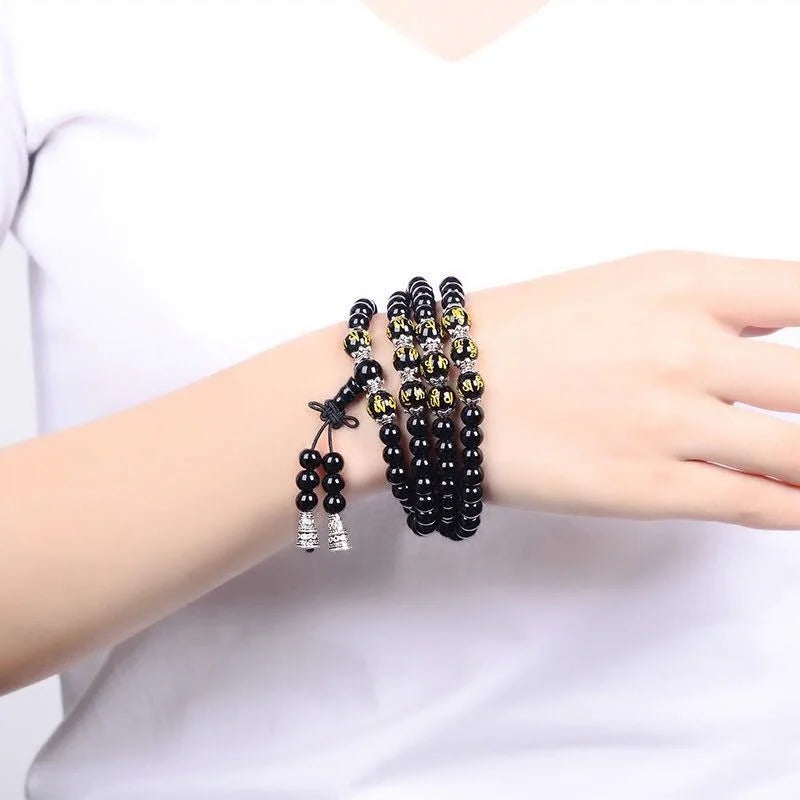 Mistgift 108 Mala Beads Six Words Mantra Om Mani Padme Hum Obsidian Meditation Bracelet Necklace