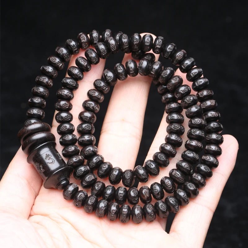 Mistgift Tibetan Ebony Mala108 Beads with Buddhist Sutra Six-character Truth Words Om Mani Padme Hum Meditation Necklace