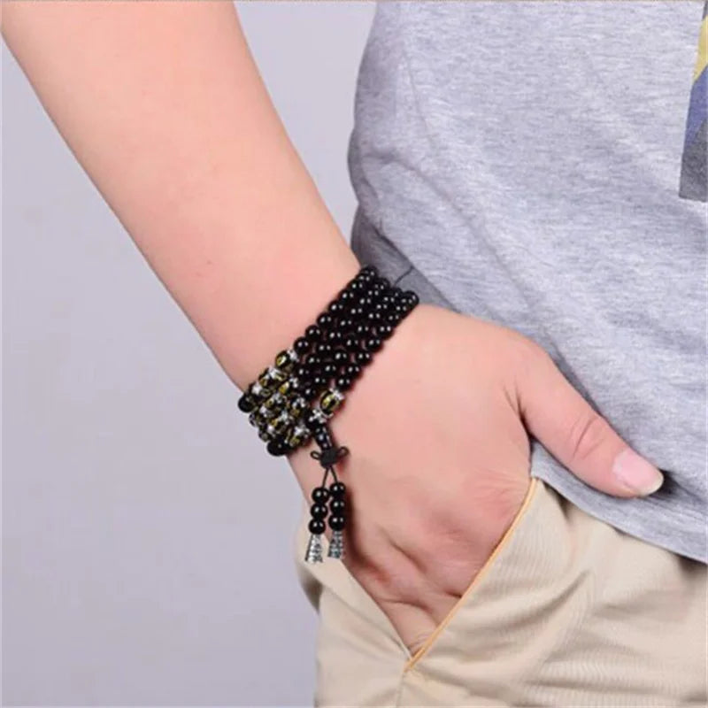 Mistgift 108 Mala Beads Six Words Mantra Om Mani Padme Hum Obsidian Meditation Bracelet Necklace