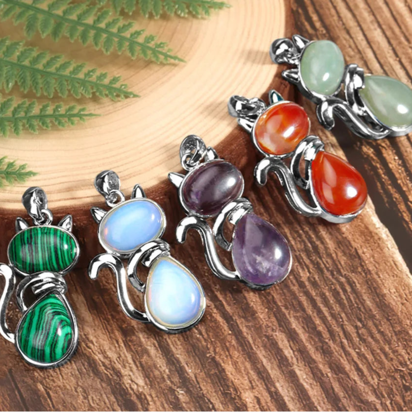 Mistgift Cute Cat Pendants Made of Natural Crystal such as Amethyst, Tiger Eye, Aventurine, Turquoise, Opal, Malachite, Agate, Rose Quartz