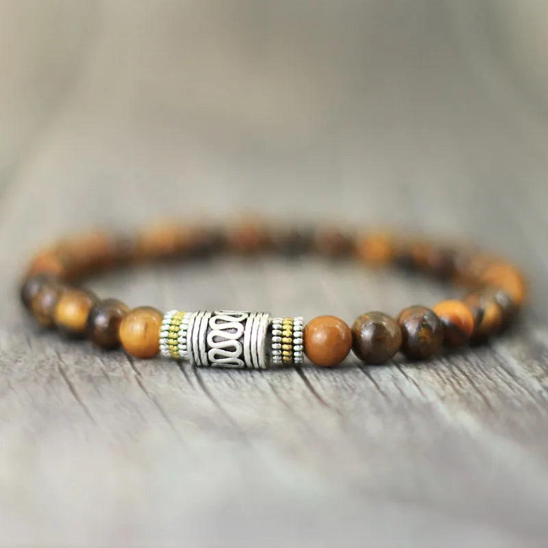 Mistgift 6mm Tibetan Buddhist Meditation Bracelet Respectively Made by Natural Red Turquoise, Tiger Eye, Malachite, Lava Stone, & Onyx