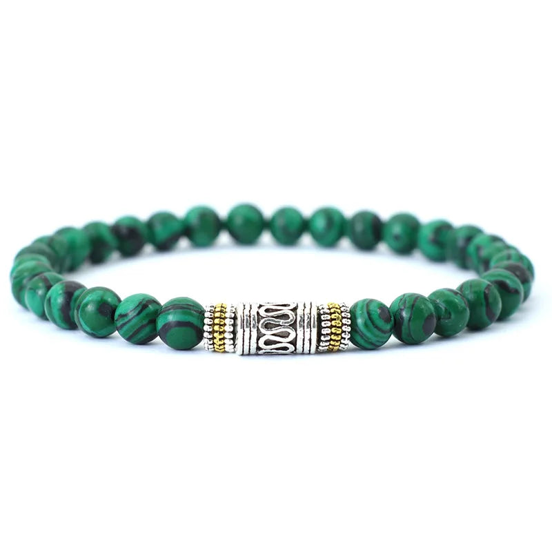 Mistgift 6mm Tibetan Buddhist Meditation Bracelet Respectively Made by Natural Red Turquoise, Tiger Eye, Malachite, Lava Stone, & Onyx