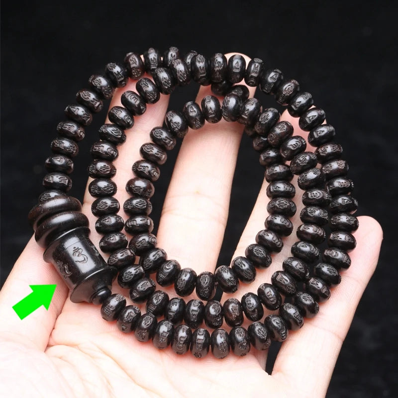 Mistgift Tibetan Ebony Mala108 Beads with Buddhist Sutra Six-character Truth Words Om Mani Padme Hum Meditation Necklace