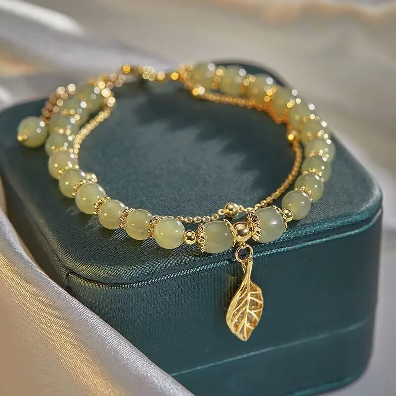 Mistgift Green Jade with Gold Color Leaves Bracelet