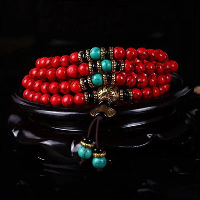 Mistgift 108 Red Turquoise Stone With Tassel & Hand Knotted Buddha Prayer Beads Meditation Mala Necklaces Bracelets