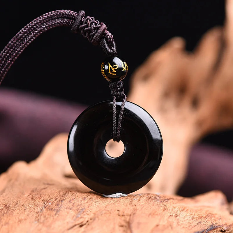 Mistgift Tibetan Obsidian Hand-carved Safe Buckle Necklace