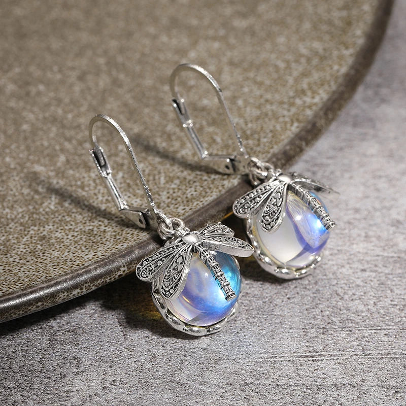 Mistgift Vintage Bronze Dragonfly Moonstone Earrings