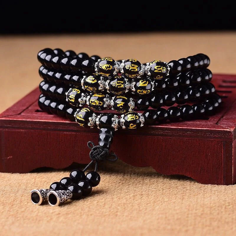 Mistgift 108 Mala Beads Six Words Mantra Om Mani Padme Hum Obsidian Meditation Bracelet Necklace