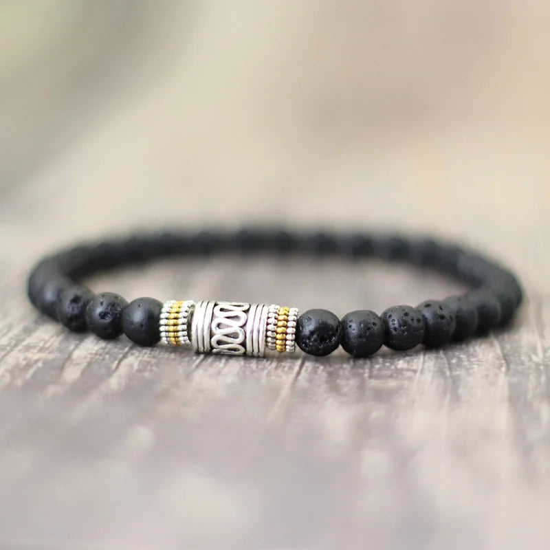 Mistgift 6mm Tibetan Buddhist Meditation Bracelet Respectively Made by Natural Red Turquoise, Tiger Eye, Malachite, Lava Stone, & Onyx