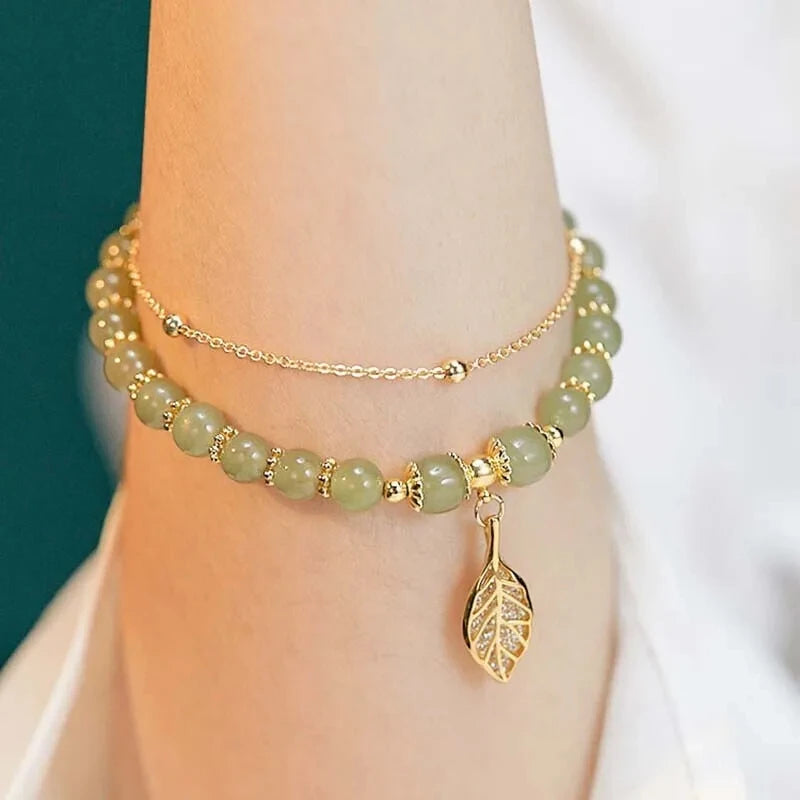 Mistgift Green Jade with Gold Color Leaves Bracelet