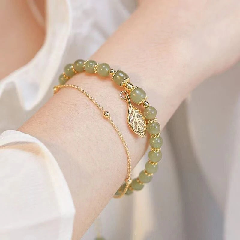 Mistgift Green Jade with Gold Color Leaves Bracelet