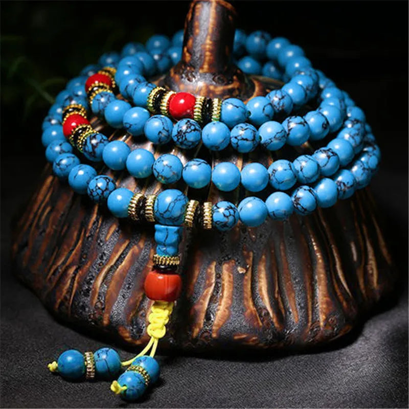 Mistgift 108 Red Turquoise Stone With Tassel & Hand Knotted Buddha Prayer Beads Meditation Mala Necklaces Bracelets
