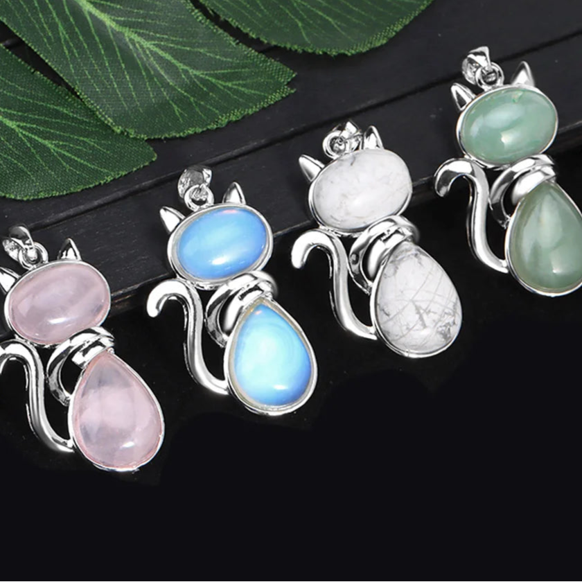 Mistgift Cute Cat Pendants Made of Natural Crystal such as Amethyst, Tiger Eye, Aventurine, Turquoise, Opal, Malachite, Agate, Rose Quartz