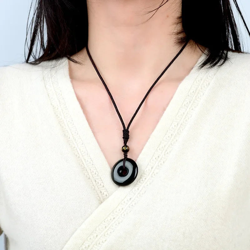 Mistgift Tibetan Obsidian Hand-carved Safe Buckle Necklace