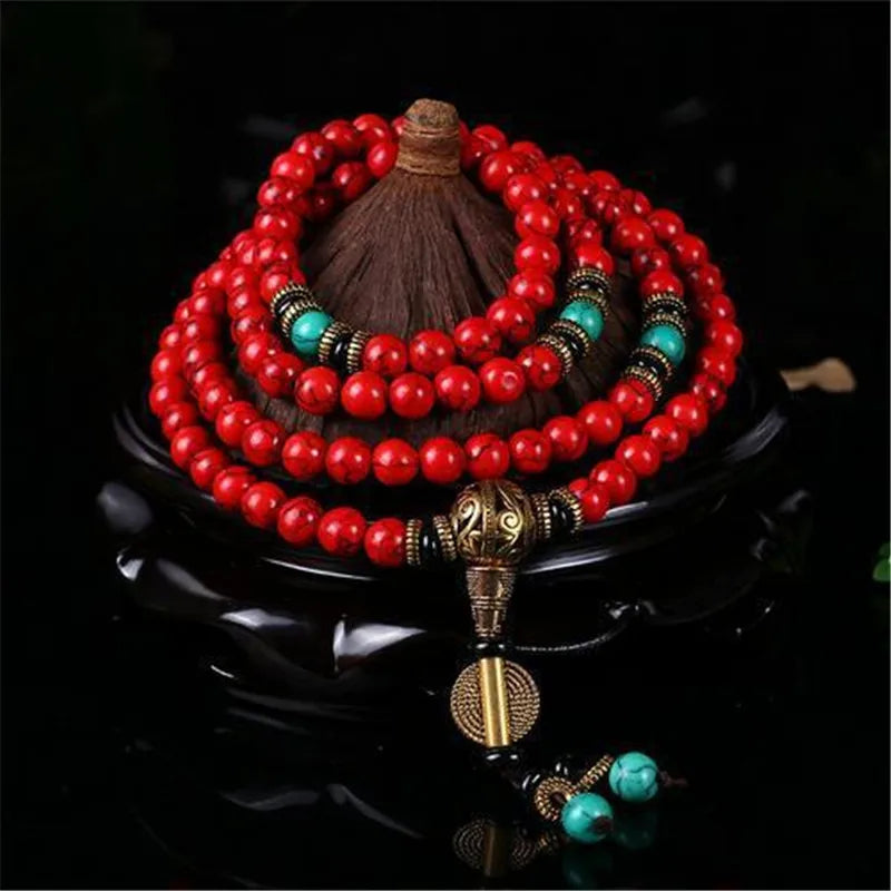 Mistgift 108 Red Turquoise Stone With Tassel & Hand Knotted Buddha Prayer Beads Meditation Mala Necklaces Bracelets