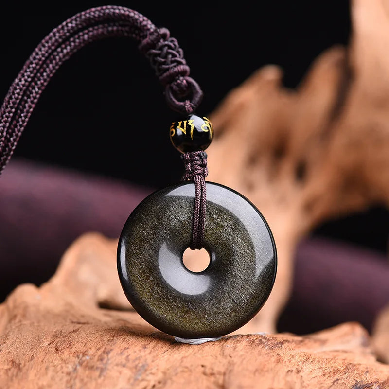 Mistgift Tibetan Obsidian Hand-carved Safe Buckle Necklace